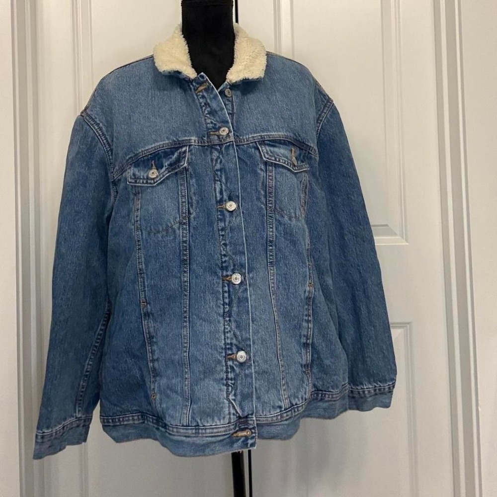 Old Navy Sherpa Lined Denim Jacket | Vintage Workwear Trucker | Men's M - Picture 2 of 5